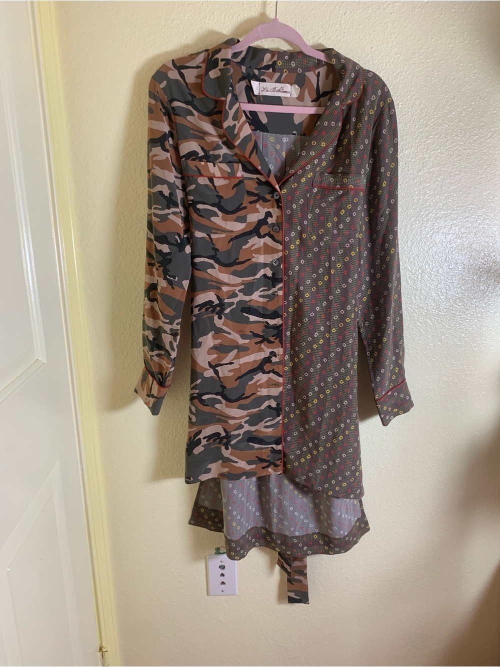 NWOT La Boheme Olive, Brown & Black Two-Pattern Long Sleeve Dress